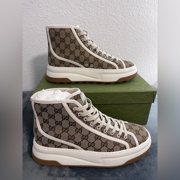 Brand New Gucci GG Tennis 1977 High Top Beige & White Sneakers Sz 12.5 (US 13) - Picture 2 of 8